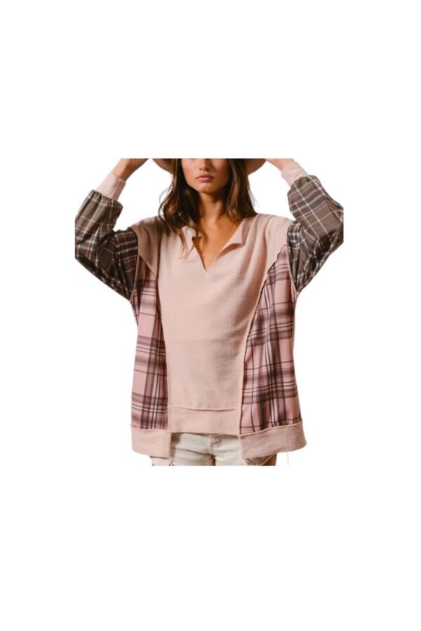 BIBI BRUSHED TERRY PLAID COMBO NOTCH NECK