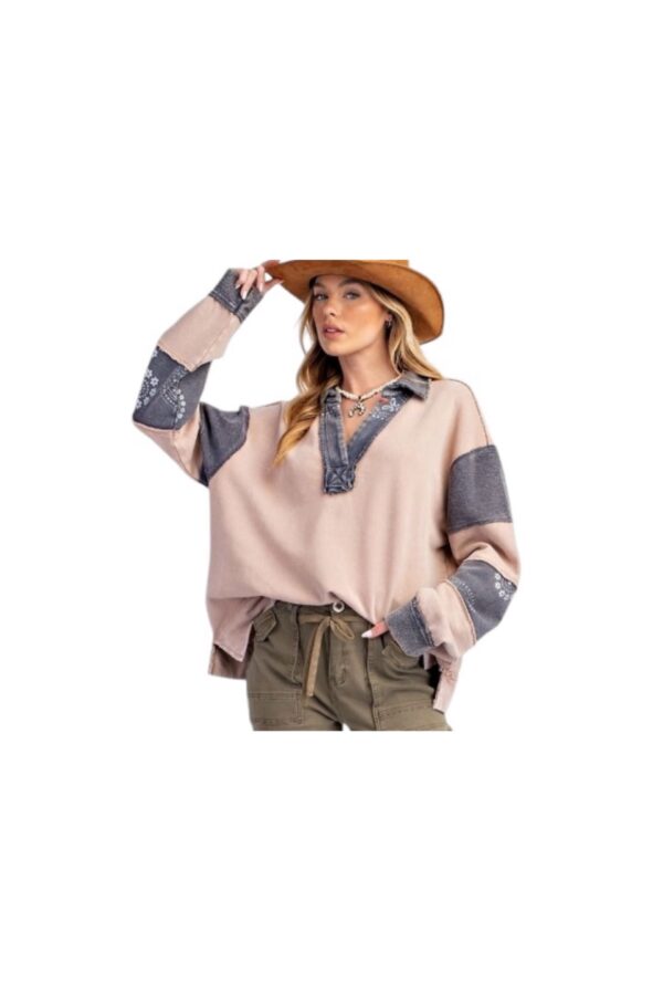 EASEL LONG SLEEVE MIX PRINT MINERAL WASH RUGBY
