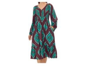 JODIFL BROWN & TURQUOISE SMOCKED BODICE DRESS