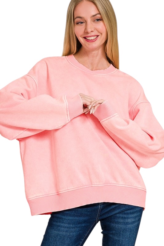CORAL | ACID WASHED FLEECE OVERSIZED PULLOVER