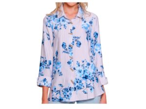 MULTIPLES STRIPE/FLORAL CUFF SLEEVE BLOUSE