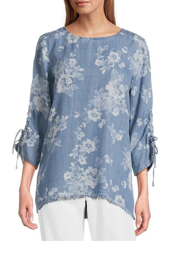 TRU LUXE  RUCHED SLEEVE LACED BACK CHAMBRAY TOP - Image 5