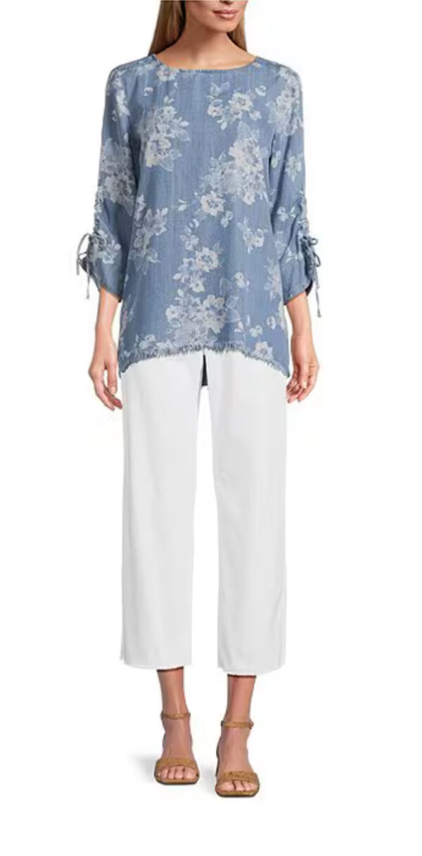 TRU LUXE  RUCHED SLEEVE LACED BACK CHAMBRAY TOP - Image 3