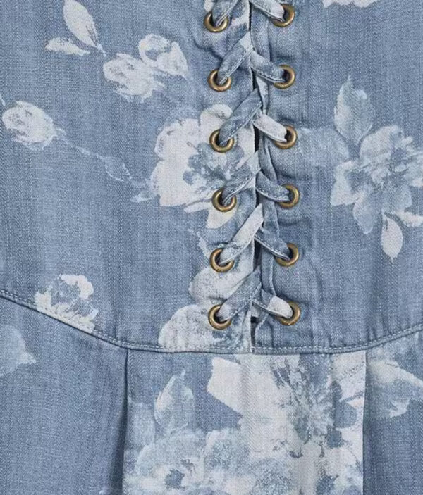 TRU LUXE  RUCHED SLEEVE LACED BACK CHAMBRAY TOP - Image 2