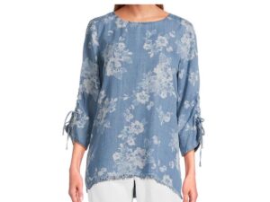 TRU LUXE  RUCHED SLEEVE LACED BACK CHAMBRAY TOP