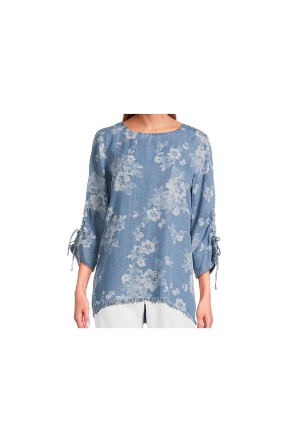 TRU LUXE  RUCHED SLEEVE LACED BACK CHAMBRAY TOP