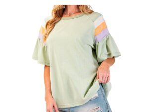 EASEL COLOR BLOCK RUFFLE SLEEVE TOP
