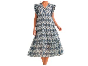JODIFL GEO PRINT RUFFLE SLEEVE MIDI DRESS