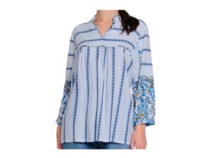 TRU LUXE MIXED STRIPE/PRINT NOTCH NECK TOP