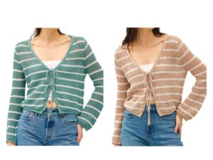 BE COOL CROCHET KNIT LONG SLEEVE TIE FRONT SWEATER