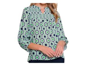 MULTIPLES GREEN/NAVY SMOCKED WOVEN TOP