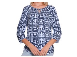 MULTIPLES 3/4 SLEEVE NAVY PRINT PEASANT TOP