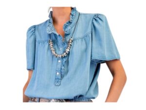 EASEL RUFFLE TRIM SNAP FRONT CHAMBRAY SHIRT