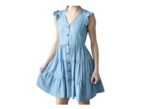 BLUPEPPER V-NECK BUTTON DOWN CHAMBRAY MINI DRESS