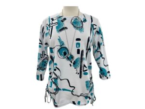 SOUTHERN LADY 3/4 SLEEVE SIDE RUCHE GEO PRINT TOP