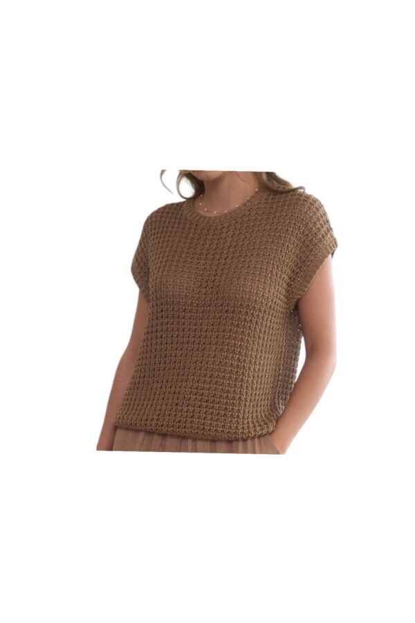 BLUPEPPER ROUND NECK SHORT SLEEVE CROCHET PULLOVER