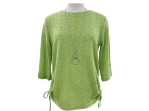 SOUTHERN LADY 3/4 SLEEVE SIDE RUCHE TEXT KNIT TOP