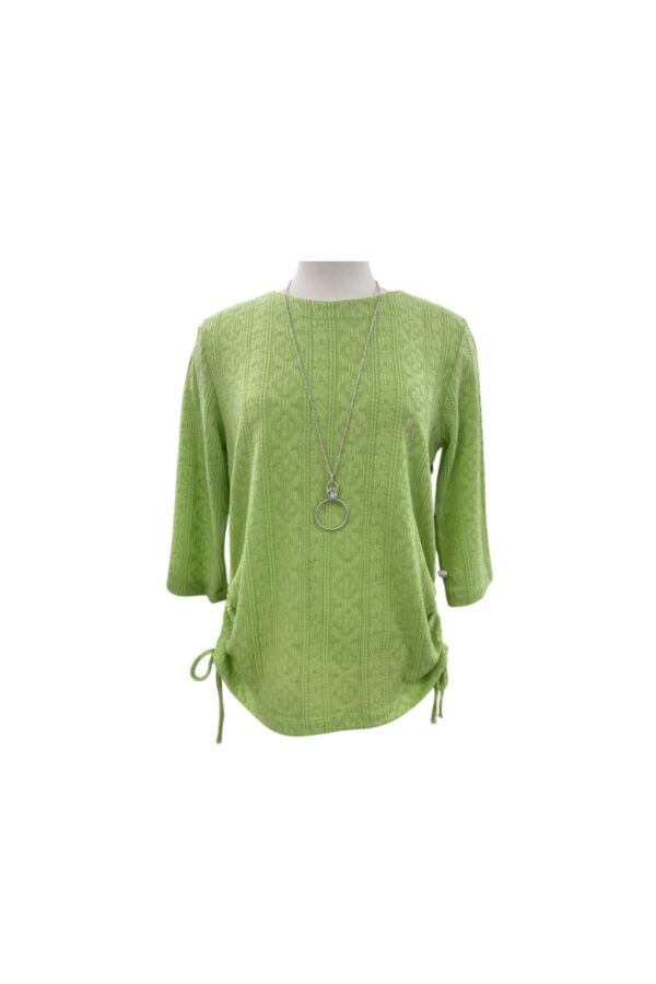 SOUTHERN LADY 3/4 SLEEVE SIDE RUCHE TEXT KNIT TOP