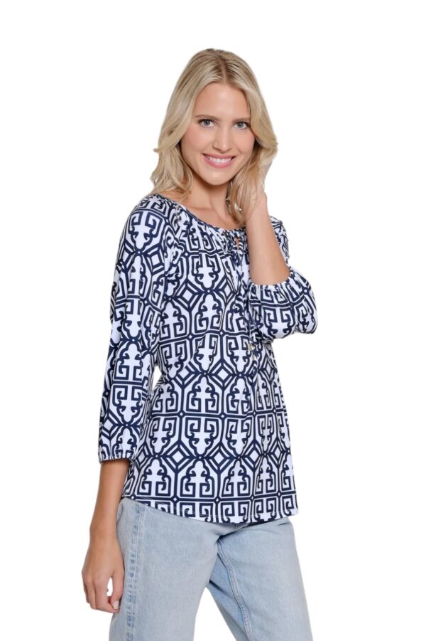 MULTIPLES 3/4 SLEEVE NAVY PRINT PEASANT TOP - Image 4