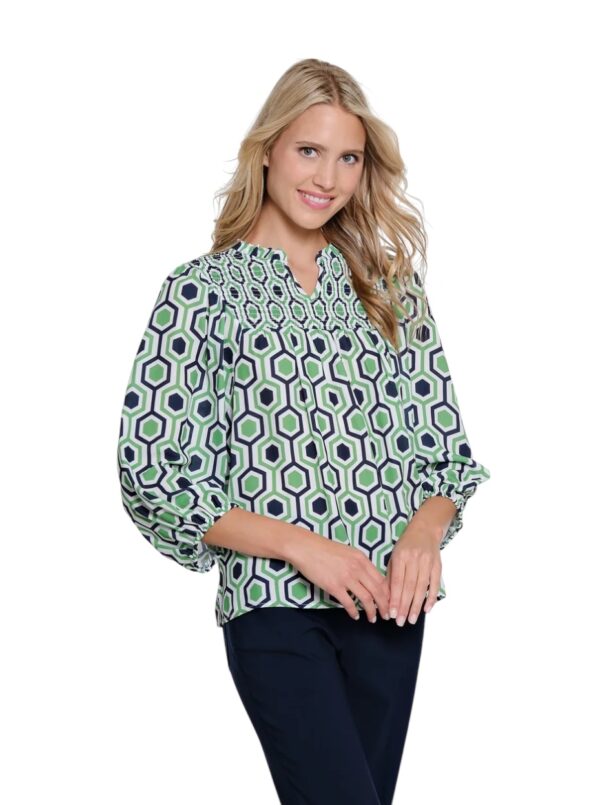 MULTIPLES GREEN/NAVY SMOCKED WOVEN TOP - Image 4