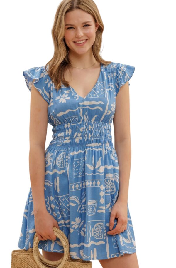 BLUPEPPER BLUE/WHITE PRINT MINI DRESS - Image 2