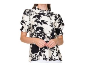 STACCATO RUFFLE HIGH NECK SMOCKED SHORT SLEEVE TOP