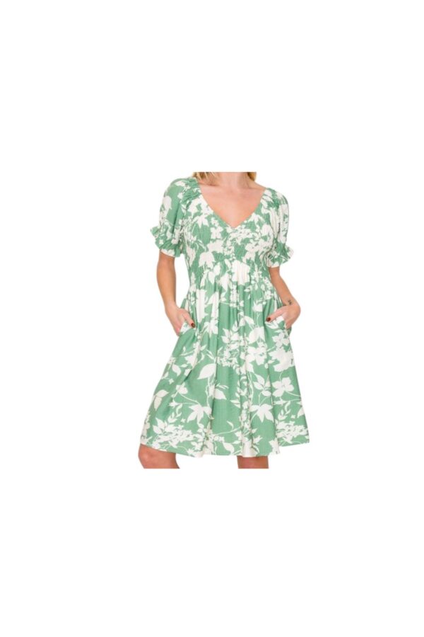 STACCATO V-NECK SMOCKED BODICE PUFF SLEEVE DRESS