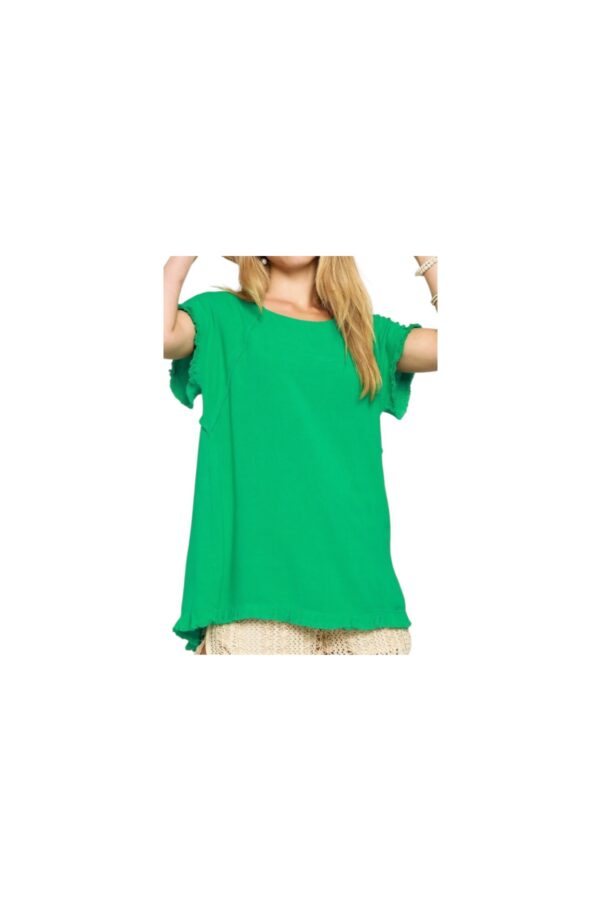 UMGEE LINEN BLEND SHORT SLEEVE PIN TUCK HI-LO TOP