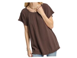 UMGEE LINEN BLEND SHORT SLEEVE PIN TUCK HI-LO TOP