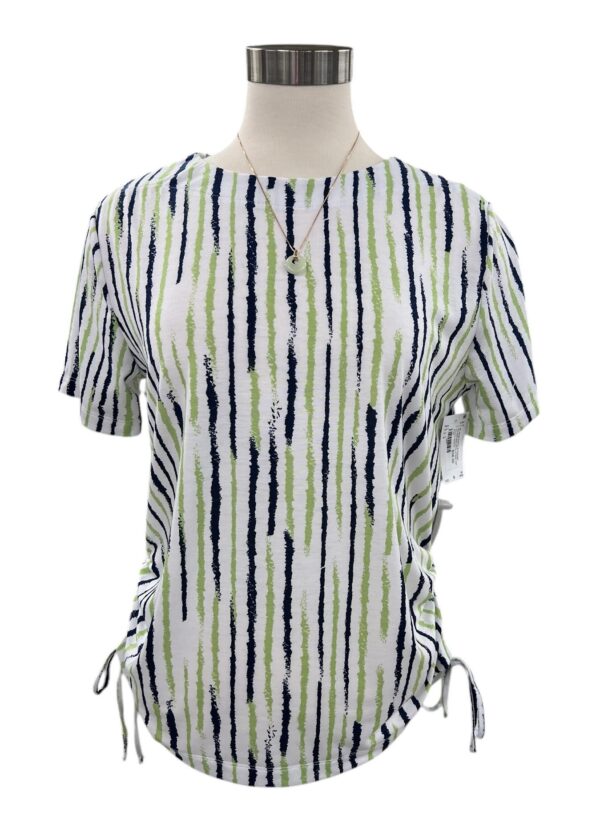 SOUTHERN LADY SHORT SLEEVE SIDE RUCHE VERTICAL STRIPE TOP - Image 2