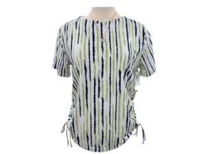 SOUTHERN LADY SHORT SLEEVE SIDE RUCHE VERTICAL STRIPE TOP