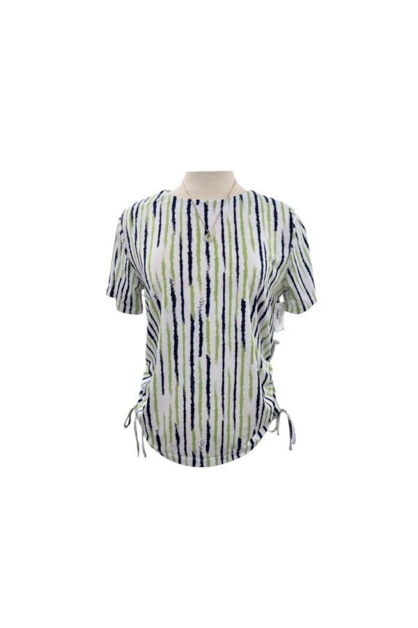 SOUTHERN LADY SHORT SLEEVE SIDE RUCHE VERTICAL STRIPE TOP