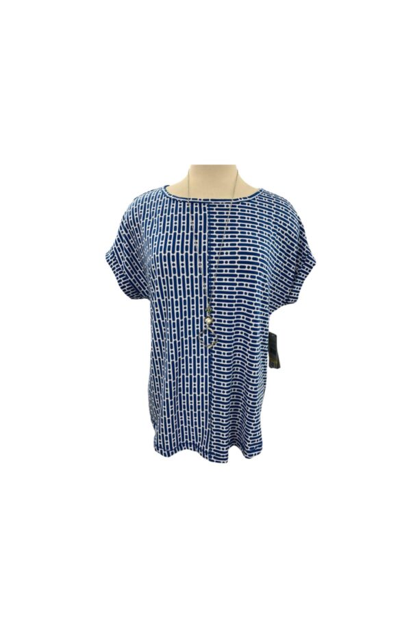 MULTIPLES SHORT SLEEVE ROYAL & WHITE BUTTON BACK TOP
