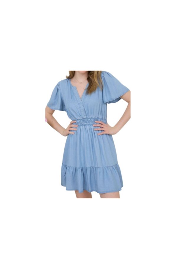 BLUPEPPER SPLIT NECK CHAMBRAY MINI DRESS