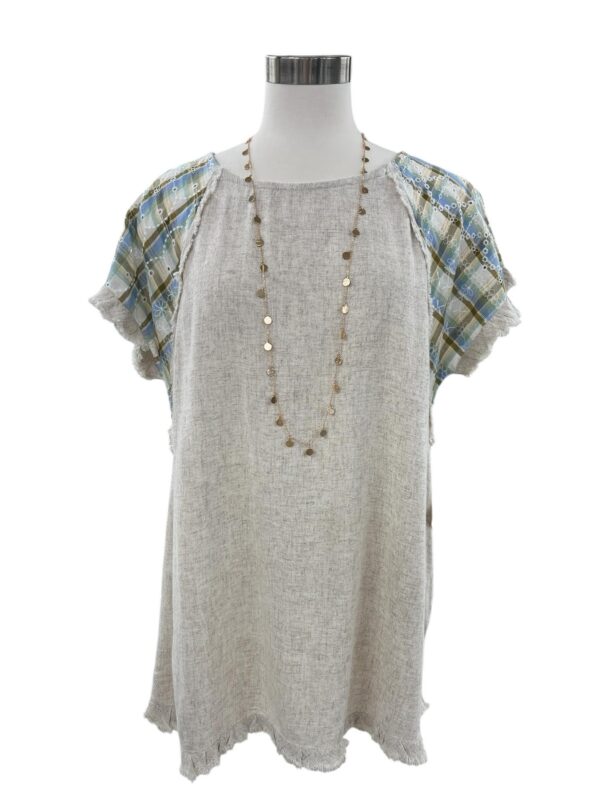 UMGEE LINEN BLEND TOP WITH PLAID SLEEVES - Image 3