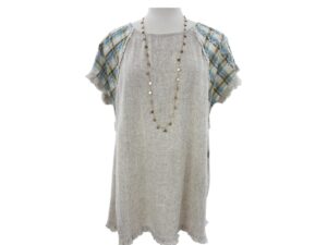 UMGEE LINEN BLEND TOP WITH PLAID SLEEVES