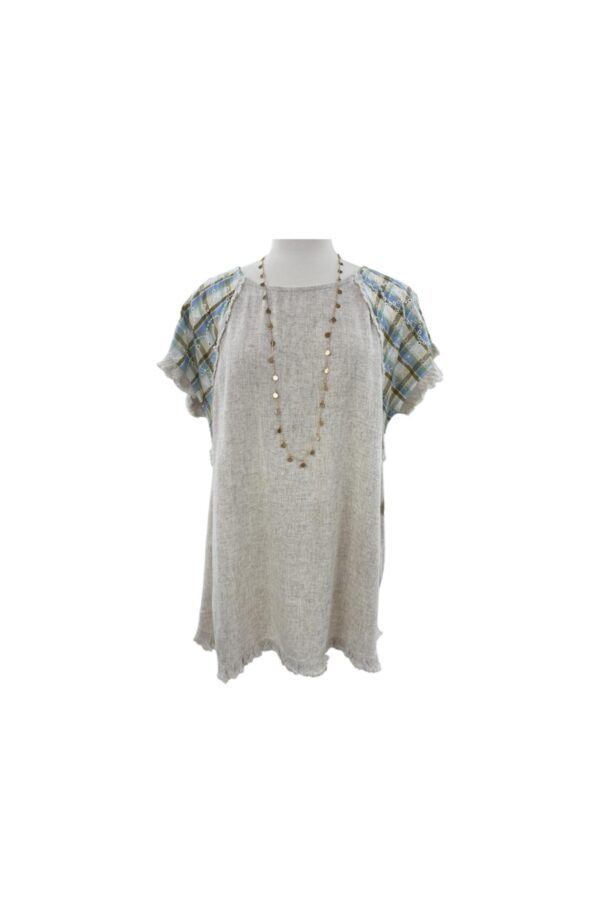 UMGEE LINEN BLEND TOP WITH PLAID SLEEVES