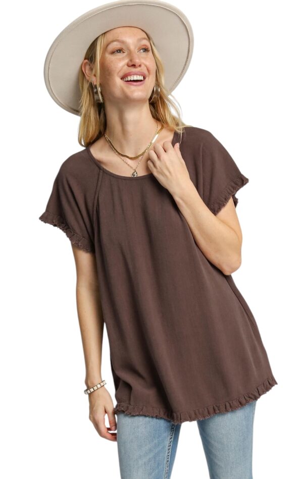 UMGEE LINEN BLEND SHORT SLEEVE PIN TUCK HI-LO TOP - Image 2