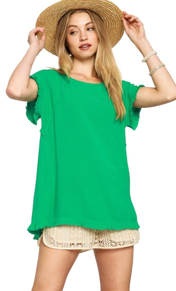 UMGEE LINEN BLEND SHORT SLEEVE PIN TUCK HI-LO TOP - Image 2