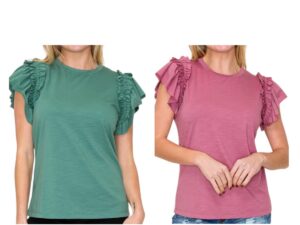 STACCATO RUFFLE SLEEVE CREWNECK SLUB KNIT TOP