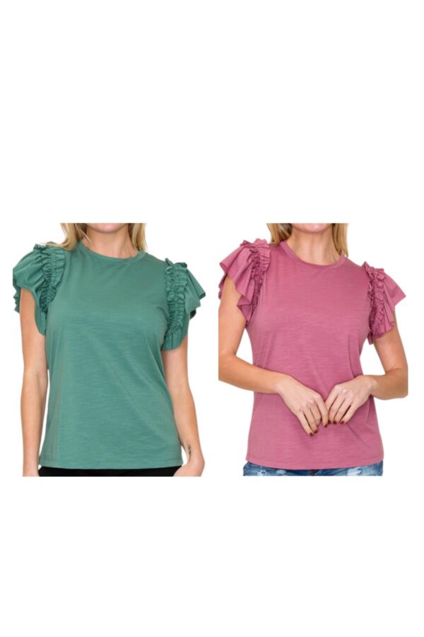 STACCATO RUFFLE SLEEVE CREWNECK SLUB KNIT TOP