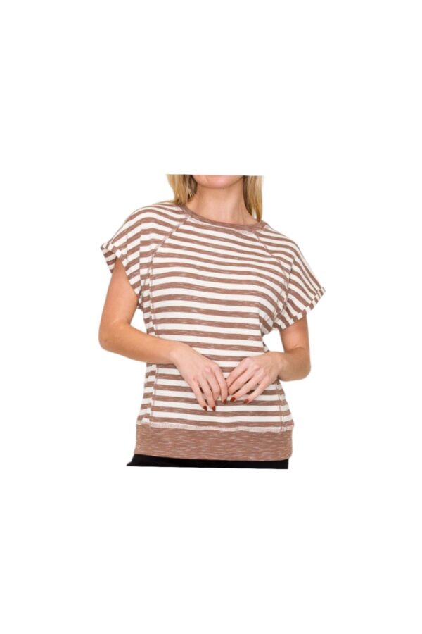 STACCATO CREWNECK EXPOSED STITCH STRIPE TOP
