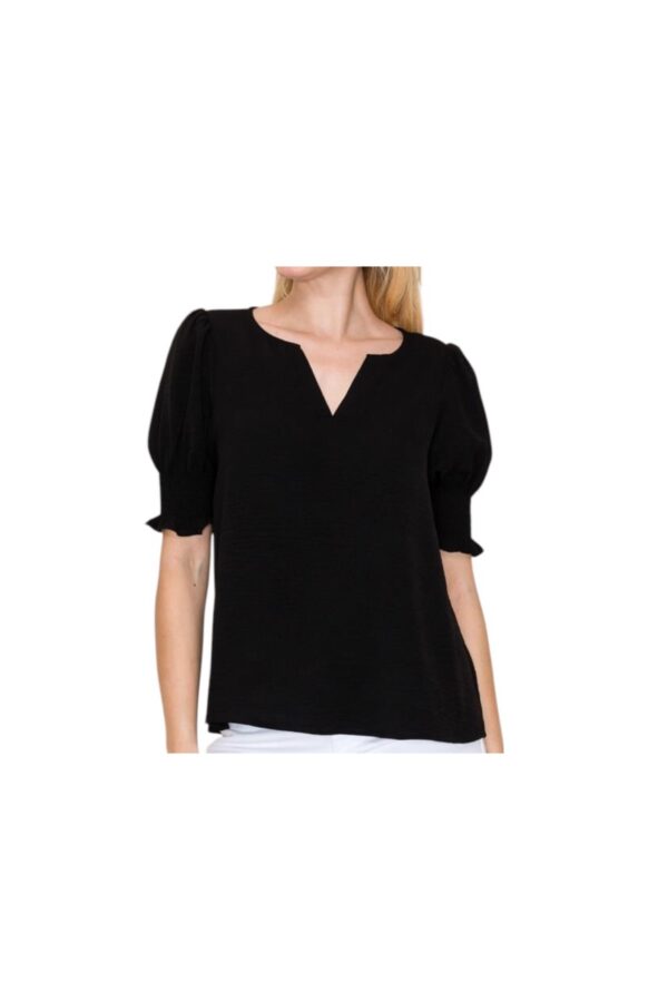 STACCATO SMOCKED PUFF SLEEVE NOTCH NECK TOP