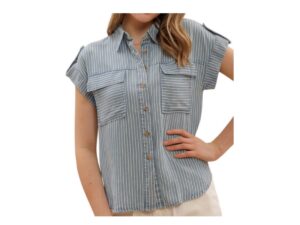 BLUPEPPER STRIPED BUTTON DOWN CHAMBRAY SHIRT