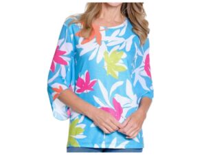 MULTIPLES TURQUOISE FLORAL KNIT TOP