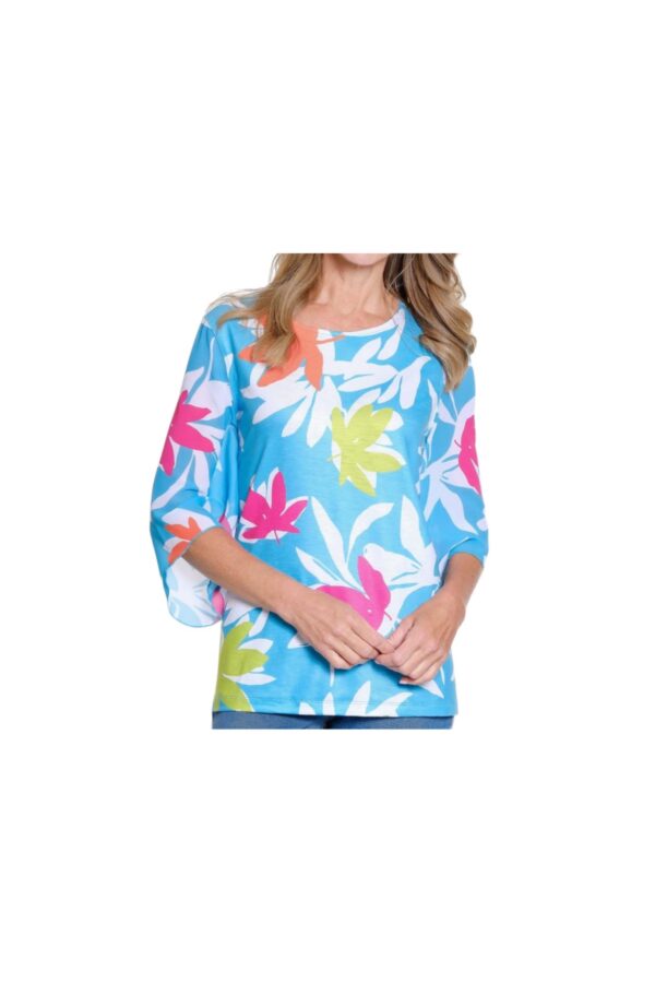 MULTIPLES TURQUOISE FLORAL KNIT TOP