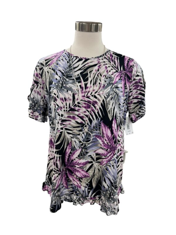 SOUTHERN LADY SHORT SLEEVE RUFFLE TRIM PALM PRINT TOP - Image 2