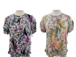 SOUTHERN LADY SHORT SLEEVE RUFFLE TRIM PALM PRINT TOP
