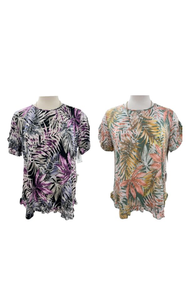 SOUTHERN LADY SHORT SLEEVE RUFFLE TRIM PALM PRINT TOP
