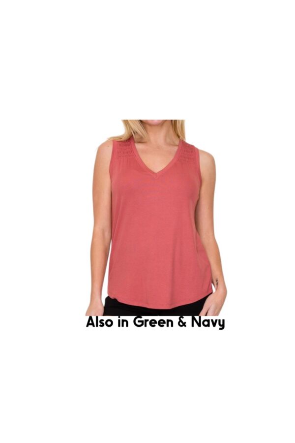 STACCATO SMOCKED SHOULDER V-NECK KNIT TANK